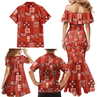 Vintage Hawaiian Quilting Patterns Family Matching Mermaid Dress and Hawaiian Shirt Red Style Tribal Fabric Patchwork LT9 - Polynesian Pride