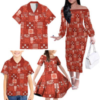 Vintage Hawaiian Quilting Patterns Family Matching Off The Shoulder Long Sleeve Dress and Hawaiian Shirt Red Style Tribal Fabric Patchwork LT9 - Polynesian Pride
