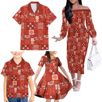 Vintage Hawaiian Quilting Patterns Family Matching Off The Shoulder Long Sleeve Dress and Hawaiian Shirt Red Style Tribal Fabric Patchwork - Polynesian Pride
