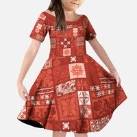 Vintage Hawaiian Quilting Patterns Family Matching Off Shoulder Maxi Dress and Hawaiian Shirt Red Style Tribal Fabric Patchwork LT9 Daughter's Dress Red - Polynesian Pride