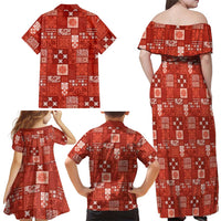 Vintage Hawaiian Quilting Patterns Family Matching Off Shoulder Maxi Dress and Hawaiian Shirt Red Style Tribal Fabric Patchwork LT9 - Polynesian Pride