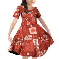 Vintage Hawaiian Quilting Patterns Family Matching Off Shoulder Short Dress and Hawaiian Shirt Red Style Tribal Fabric Patchwork LT9 Daughter's Dress Red - Polynesian Pride