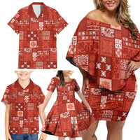 Vintage Hawaiian Quilting Patterns Family Matching Off Shoulder Short Dress and Hawaiian Shirt Red Style Tribal Fabric Patchwork LT9 - Polynesian Pride