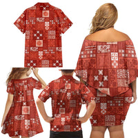 Vintage Hawaiian Quilting Patterns Family Matching Off Shoulder Short Dress and Hawaiian Shirt Red Style Tribal Fabric Patchwork LT9 - Polynesian Pride