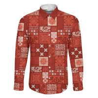 Vintage Hawaiian Quilting Patterns Family Matching Off Shoulder Short Dress and Hawaiian Shirt Red Style Tribal Fabric Patchwork LT9 Dad's Shirt - Long Sleeve Red - Polynesian Pride