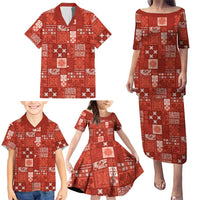 Vintage Hawaiian Quilting Patterns Family Matching Puletasi and Hawaiian Shirt Red Style Tribal Fabric Patchwork LT9 - Polynesian Pride