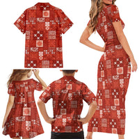 Vintage Hawaiian Quilting Patterns Family Matching Short Sleeve Bodycon Dress and Hawaiian Shirt Red Style Tribal Fabric Patchwork LT9 - Polynesian Pride