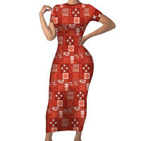 Vintage Hawaiian Quilting Patterns Family Matching Short Sleeve Bodycon Dress and Hawaiian Shirt Red Style Tribal Fabric Patchwork LT9 Mom's Dress Red - Polynesian Pride