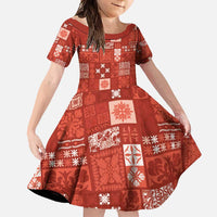 Vintage Hawaiian Quilting Patterns Family Matching Summer Maxi Dress and Hawaiian Shirt Red Style Tribal Fabric Patchwork LT9 Daughter's Dress Red - Polynesian Pride