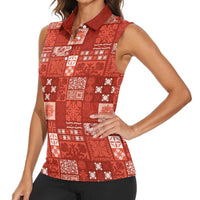 Vintage Hawaiian Quilting Patterns Women Sleeveless Polo Shirt Red Style Tribal Fabric Patchwork - Polynesian Pride