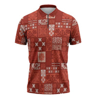 Vintage Hawaiian Quilting Patterns Zipper Polo Shirt Red Style Tribal Fabric Patchwork - Polynesian Pride