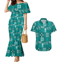 Vintage Hawaiian Quilting Patterns Couples Matching Mermaid Dress and Hawaiian Shirt Turquoise Style Tribal Fabric Patchwork LT9 Turquoise - Polynesian Pride