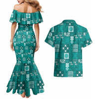Vintage Hawaiian Quilting Patterns Couples Matching Mermaid Dress and Hawaiian Shirt Turquoise Style Tribal Fabric Patchwork LT9 - Polynesian Pride