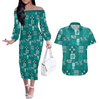 Vintage Hawaiian Quilting Patterns Couples Matching Off The Shoulder Long Sleeve Dress and Hawaiian Shirt Turquoise Style Tribal Fabric Patchwork LT9 Turquoise - Polynesian Pride
