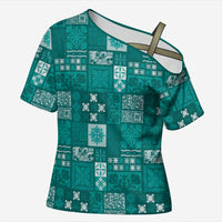 Vintage Hawaiian Quilting Patterns Cross Shoulder Shirt Turquoise Style Tribal Fabric Patchwork LT9 Female Turquoise - Polynesian Pride