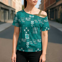 Vintage Hawaiian Quilting Patterns Cross Shoulder Shirt Turquoise Style Tribal Fabric Patchwork LT9 - Polynesian Pride
