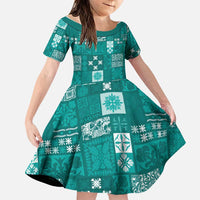Vintage Hawaiian Quilting Patterns Family Matching Long Sleeve Bodycon Dress and Hawaiian Shirt Turquoise Style Tribal Fabric Patchwork LT9 Daughter's Dress Turquoise - Polynesian Pride