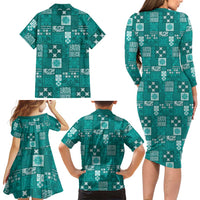 Vintage Hawaiian Quilting Patterns Family Matching Long Sleeve Bodycon Dress and Hawaiian Shirt Turquoise Style Tribal Fabric Patchwork LT9 - Polynesian Pride