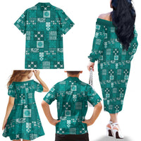 Vintage Hawaiian Quilting Patterns Family Matching Off The Shoulder Long Sleeve Dress and Hawaiian Shirt Turquoise Style Tribal Fabric Patchwork - Polynesian Pride