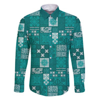 Vintage Hawaiian Quilting Patterns Family Matching Off The Shoulder Long Sleeve Dress and Hawaiian Shirt Turquoise Style Tribal Fabric Patchwork - Polynesian Pride