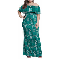Vintage Hawaiian Quilting Patterns Family Matching Off Shoulder Maxi Dress and Hawaiian Shirt Turquoise Style Tribal Fabric Patchwork LT9 Mom's Dress Turquoise - Polynesian Pride