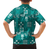 Vintage Hawaiian Quilting Patterns Family Matching Off Shoulder Short Dress and Hawaiian Shirt Turquoise Style Tribal Fabric Patchwork LT9 - Polynesian Pride