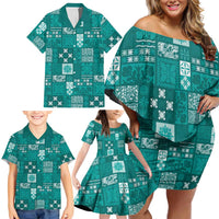 Vintage Hawaiian Quilting Patterns Family Matching Off Shoulder Short Dress and Hawaiian Shirt Turquoise Style Tribal Fabric Patchwork LT9 - Polynesian Pride