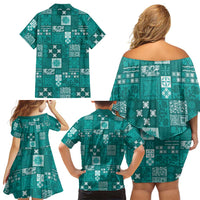 Vintage Hawaiian Quilting Patterns Family Matching Off Shoulder Short Dress and Hawaiian Shirt Turquoise Style Tribal Fabric Patchwork LT9 - Polynesian Pride