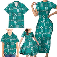 Vintage Hawaiian Quilting Patterns Family Matching Short Sleeve Bodycon Dress and Hawaiian Shirt Turquoise Style Tribal Fabric Patchwork LT9 - Polynesian Pride