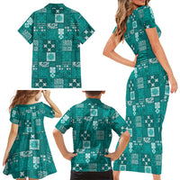 Vintage Hawaiian Quilting Patterns Family Matching Short Sleeve Bodycon Dress and Hawaiian Shirt Turquoise Style Tribal Fabric Patchwork LT9 - Polynesian Pride