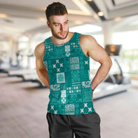 Vintage Hawaiian Quilting Patterns Men Tank Top Turquoise Style Tribal Fabric Patchwork - Polynesian Pride