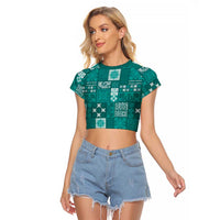 Vintage Hawaiian Quilting Patterns Raglan Cropped T Shirt Turquoise Style Tribal Fabric Patchwork LT9 Female Turquoise - Polynesian Pride