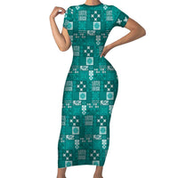 Vintage Hawaiian Quilting Patterns Short Sleeve Bodycon Dress Turquoise Style Tribal Fabric Patchwork - Polynesian Pride