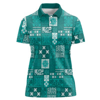 Vintage Hawaiian Quilting Patterns Women Polo Shirt Turquoise Style Tribal Fabric Patchwork - Polynesian Pride