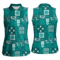 Vintage Hawaiian Quilting Patterns Women Sleeveless Polo Shirt Turquoise Style Tribal Fabric Patchwork - Polynesian Pride