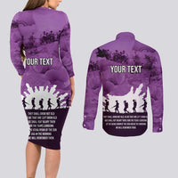 Anzac Day Gallipoli Personalised Couples Matching Long Sleeve Bodycon Dress and Long Sleeve Button Shirt Purple Poppy Flowers