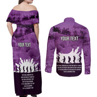 Anzac Day Gallipoli Personalised Couples Matching Off Shoulder Maxi Dress and Long Sleeve Button Shirt Purple Poppy Flowers