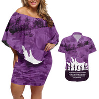 Anzac Day Gallipoli Personalised Couples Matching Off Shoulder Short Dress and Hawaiian Shirt Purple Poppy Flowers