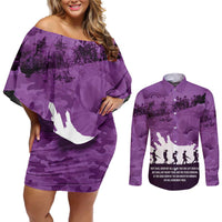 Anzac Day Gallipoli Personalised Couples Matching Off Shoulder Short Dress and Long Sleeve Button Shirt Purple Poppy Flowers