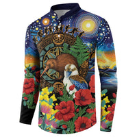 Kiwi-Kookaburra Bird ANZAC Personalised Button Sweatshirt Aussie Golden Wattle Poppy Flowers LT9 - Polynesian Pride