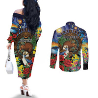 Kiwi-Kookaburra Bird ANZAC Personalised Couples Matching Off The Shoulder Long Sleeve Dress and Long Sleeve Button Shirt Aussie Golden Wattle Poppy Flowers