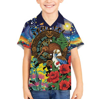 Kiwi-Kookaburra Bird ANZAC Personalised Family Matching Long Sleeve Bodycon Dress and Hawaiian Shirt Aussie Golden Wattle Poppy Flowers