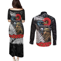 Kiwi-Tui Bird Soldier ANZAC Day Personalised Couples Matching Puletasi and Long Sleeve Button Shirt Maori Silver Fern Motif