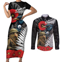 Kiwi-Tui Bird Soldier ANZAC Day Personalised Couples Matching Short Sleeve Bodycon Dress and Long Sleeve Button Shirt Maori Silver Fern Motif