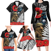Kiwi-Tui Bird Soldier ANZAC Day Personalised Family Matching Long Sleeve Bodycon Dress and Hawaiian Shirt Maori Silver Fern Motif