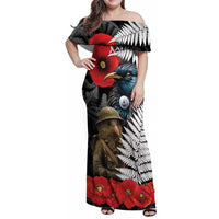 Kiwi-Tui Bird Soldier ANZAC Day Personalised Family Matching Off Shoulder Maxi Dress and Hawaiian Shirt Maori Silver Fern Motif