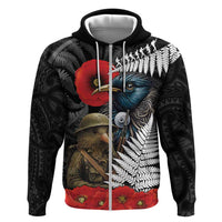 Kiwi-Tui Bird Soldier ANZAC Day Personalised Zip Hoodie Maori Silver Fern Motif LT9 Zip Hoodie Black - Polynesian Pride