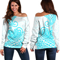 Polynesian Off Shoulder Sweater Tribal Tattoo Aqua Screen Color LT9 Women Aqua - Polynesian Pride