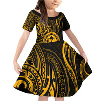 Polynesian Guam Coat of Arms Family Matching Off Shoulder Short Dress and Hawaiian Shirt Polynesian Tribal Tattoo Gold Version