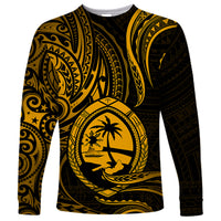 Polynesian Pride Guam Long Sleeve Shirt With Polynesian Tribal Tattoo and Coat of Arms Gold Version LT9 Unisex Gold - Polynesian Pride